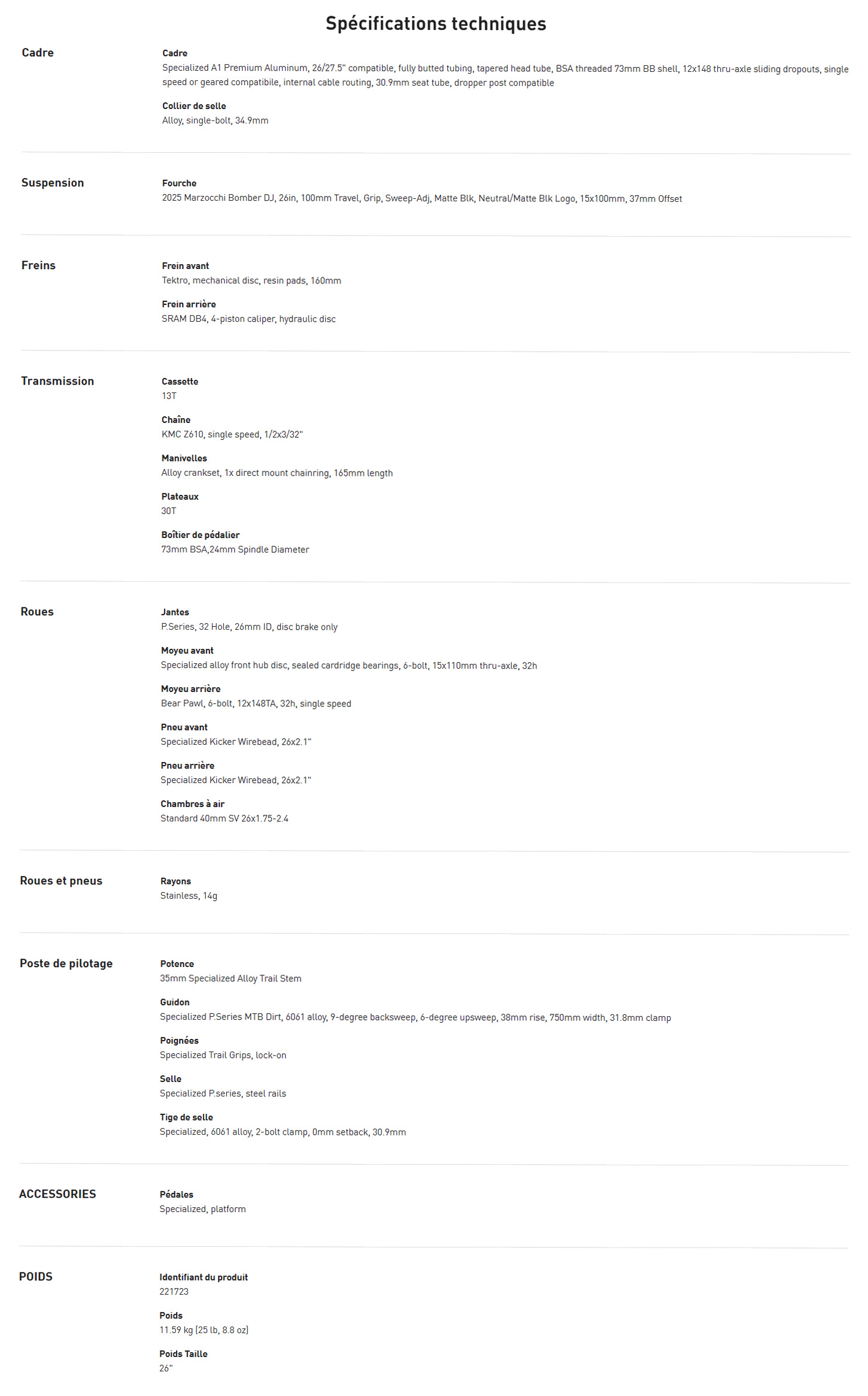 Caracteristique technique du vélo P.3 année 2026